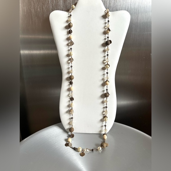 Adjustable Pearl, Crystal & Brass metallic beading & chain necklace 36” to 40” - Picture 5 of 6